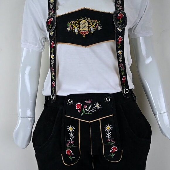Suede Lederhosen Bavarian Leather Shorts with Embroidered Adjustable Suspenders - Picture 4 of 8
